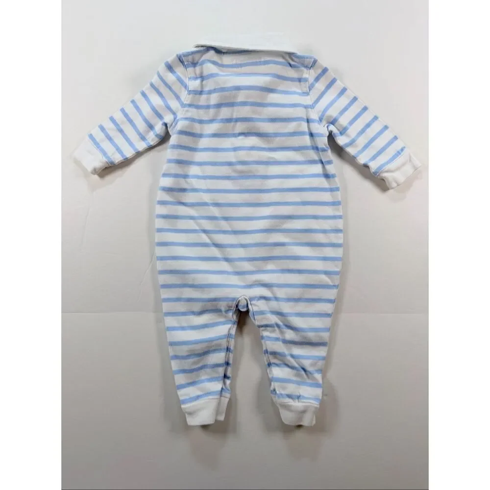 Ralph Lauren Baby Size 6M Blue White Stripe Polo Romper 1 Piece Embroidered Pony